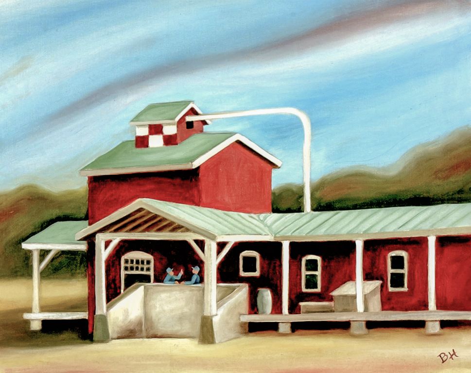 Farmers at Feedmill II, oil on board