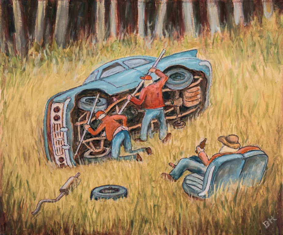 Field Dressing the '59 Chevy II, oil on board