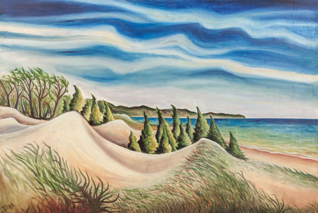 Dunes and Lake, oil on board, 28"H x 42"W