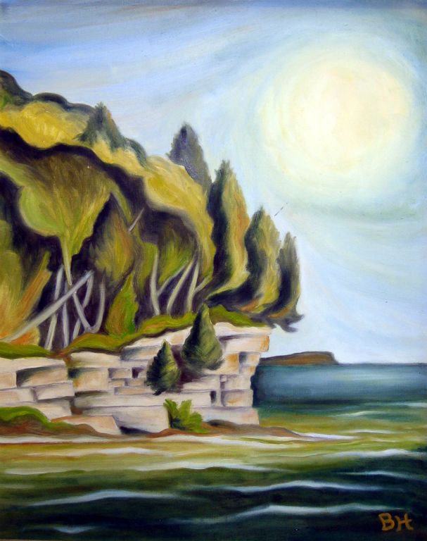 Limestone Bluff, Door County, oil on board