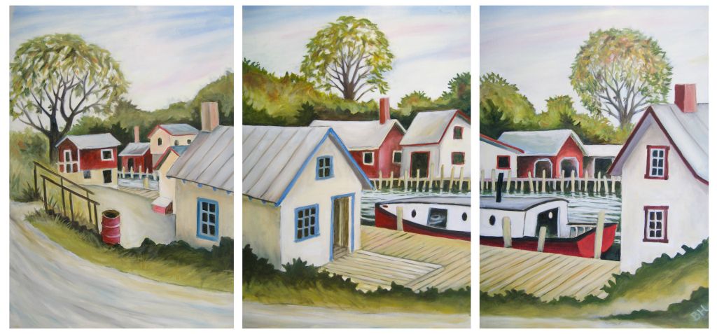 Fishtown Triptych, three panels, oil on board