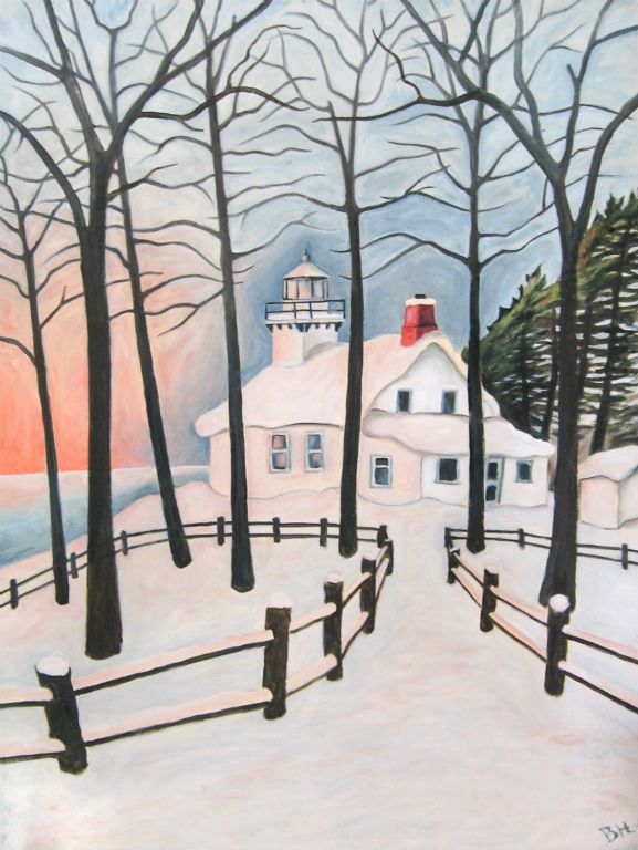 Old MIssion Light January, oil on board