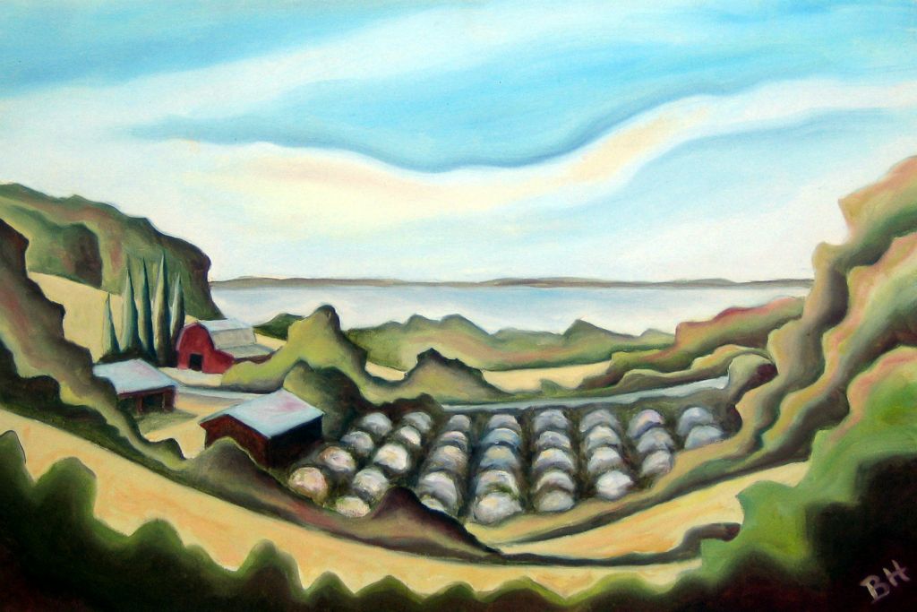 Orchard by the Bay, oil on board