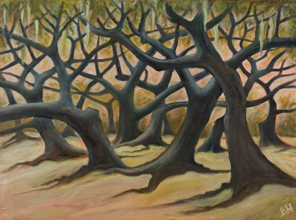 Texas LIve Oaks, oil on panel, 13.6"H x 24"W