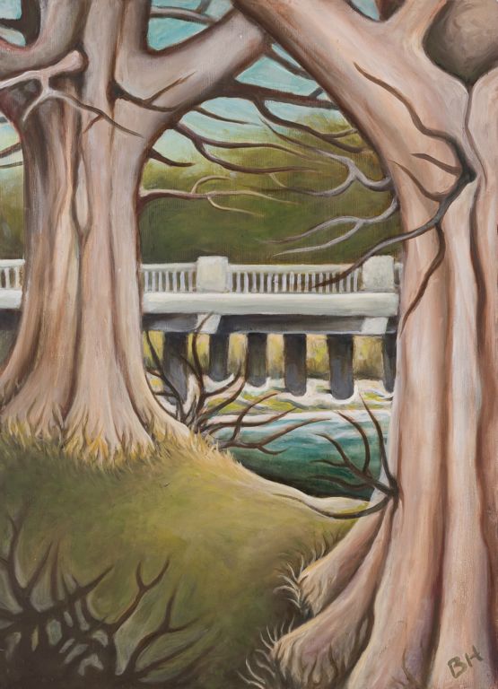 Live Oaks and Bridge, oil on panel, 22"H x 16"W