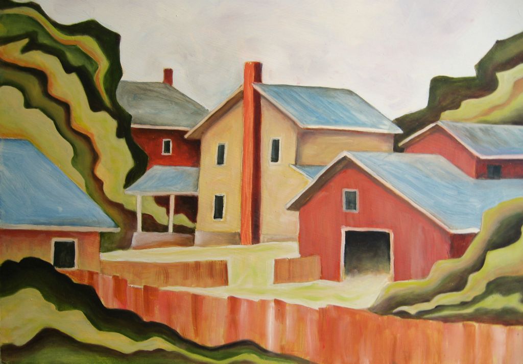 Prairie Town, Panel III, oil on board