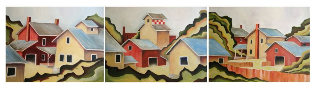 Prarie Town Triptych oil on board