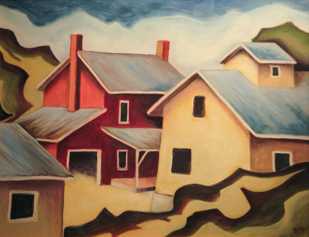 Prairie Town II, Panel I, oil on board