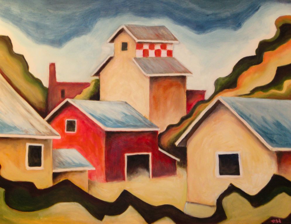 Prairie Town II, Panel II, oil on board