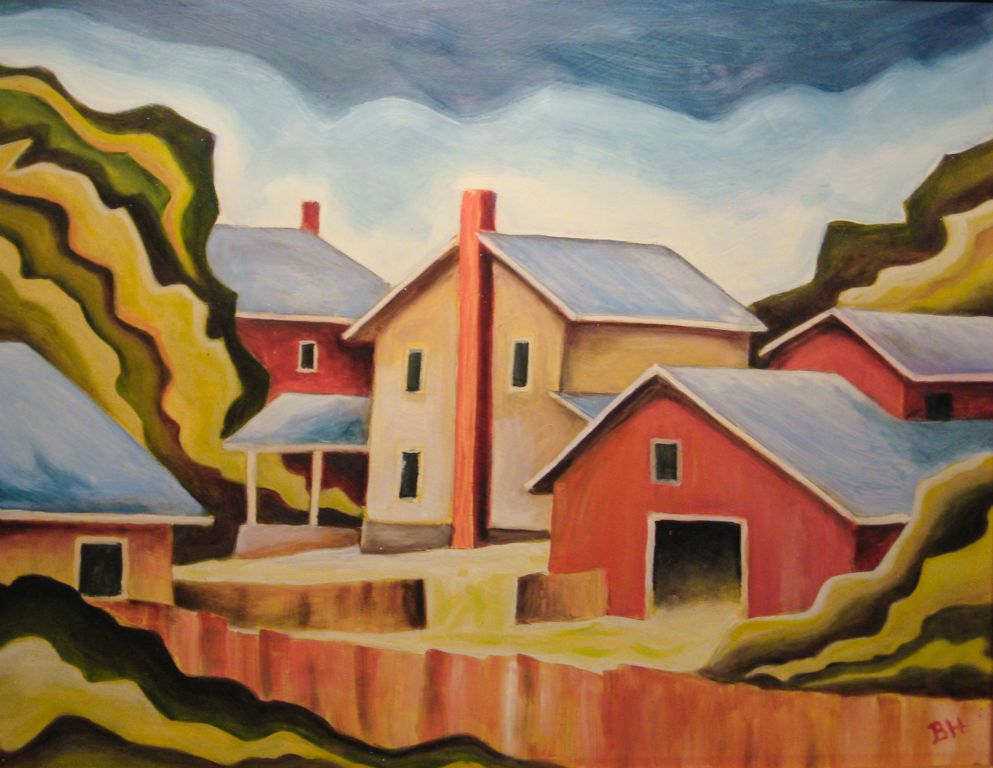 Prairie Town II, Panel II, oil on board Panel III