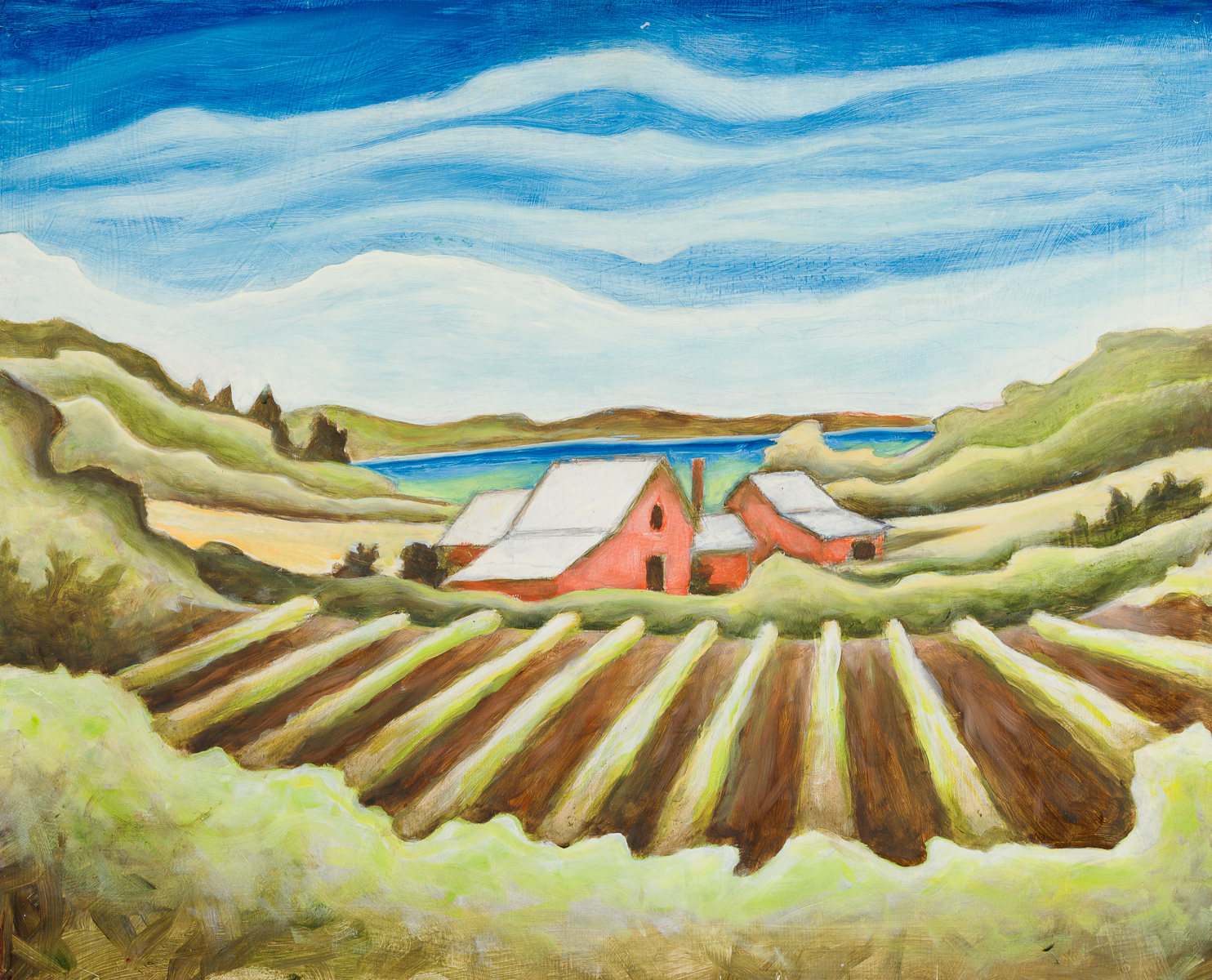 Red Barns and Vineyards, oil on board, 13"H x 15"W